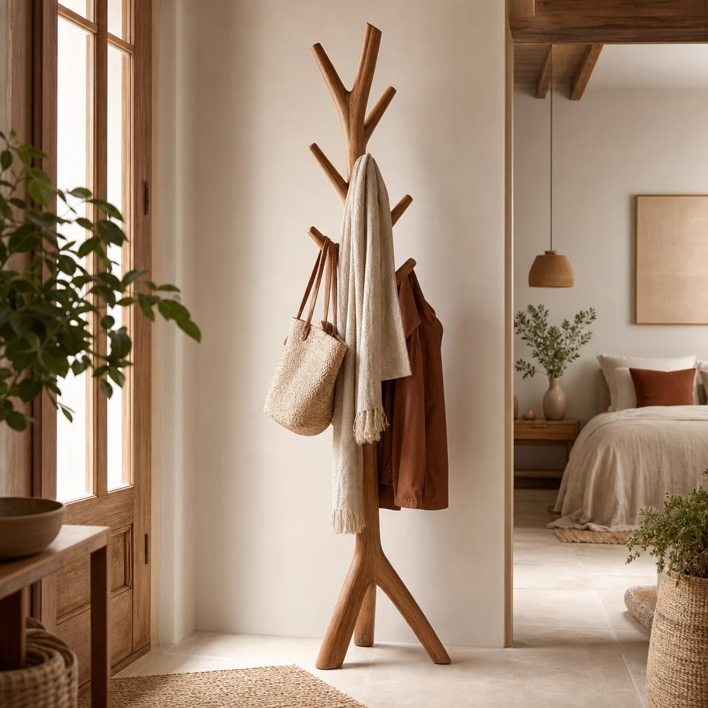 garderobe holz in einem hellen Flur mit natürlicher Einrichtung