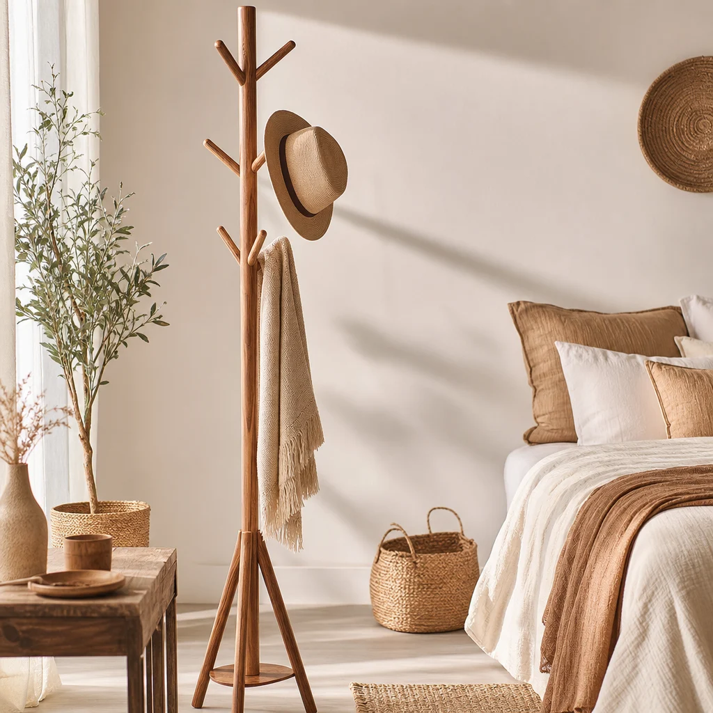 garderobe holz neben einem Bett in einem hellen Schlafzimmer